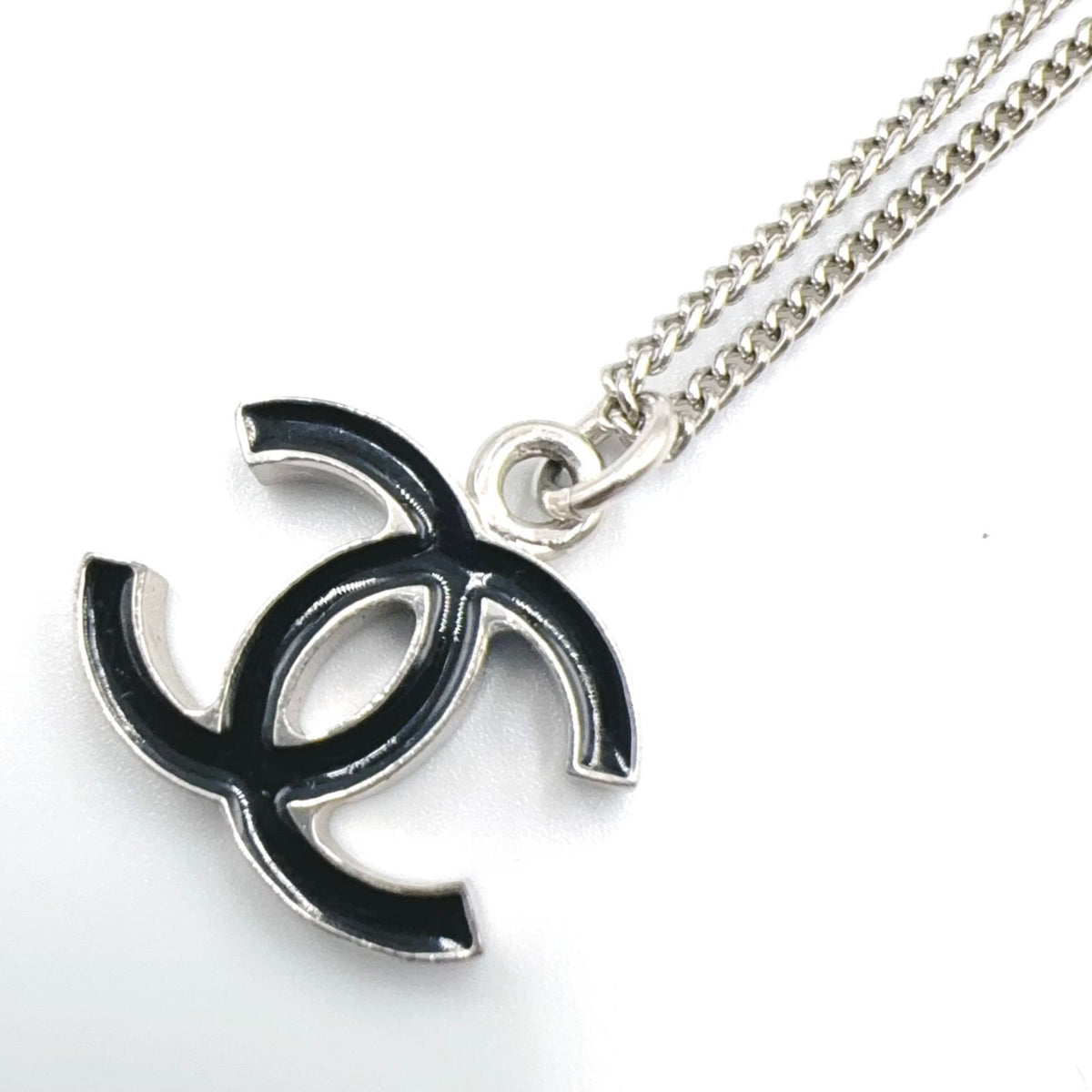 Chanel CC Logo Metal Enamel Silver Black Necklace — view 2