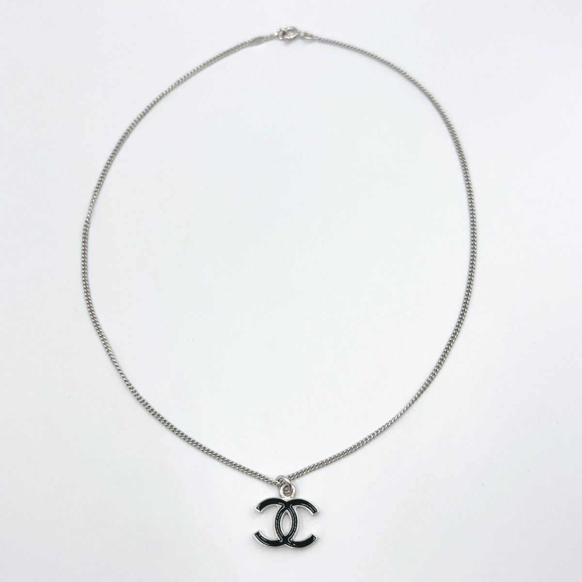 Chanel CC Logo Metal Enamel Silver Black Necklace — view 3