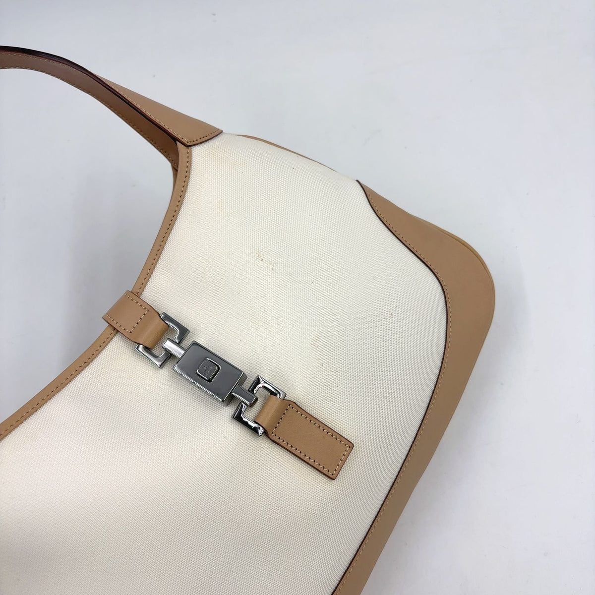 Gucci Jackie Leather Canvas White Light Brown Bag Silver — view 5