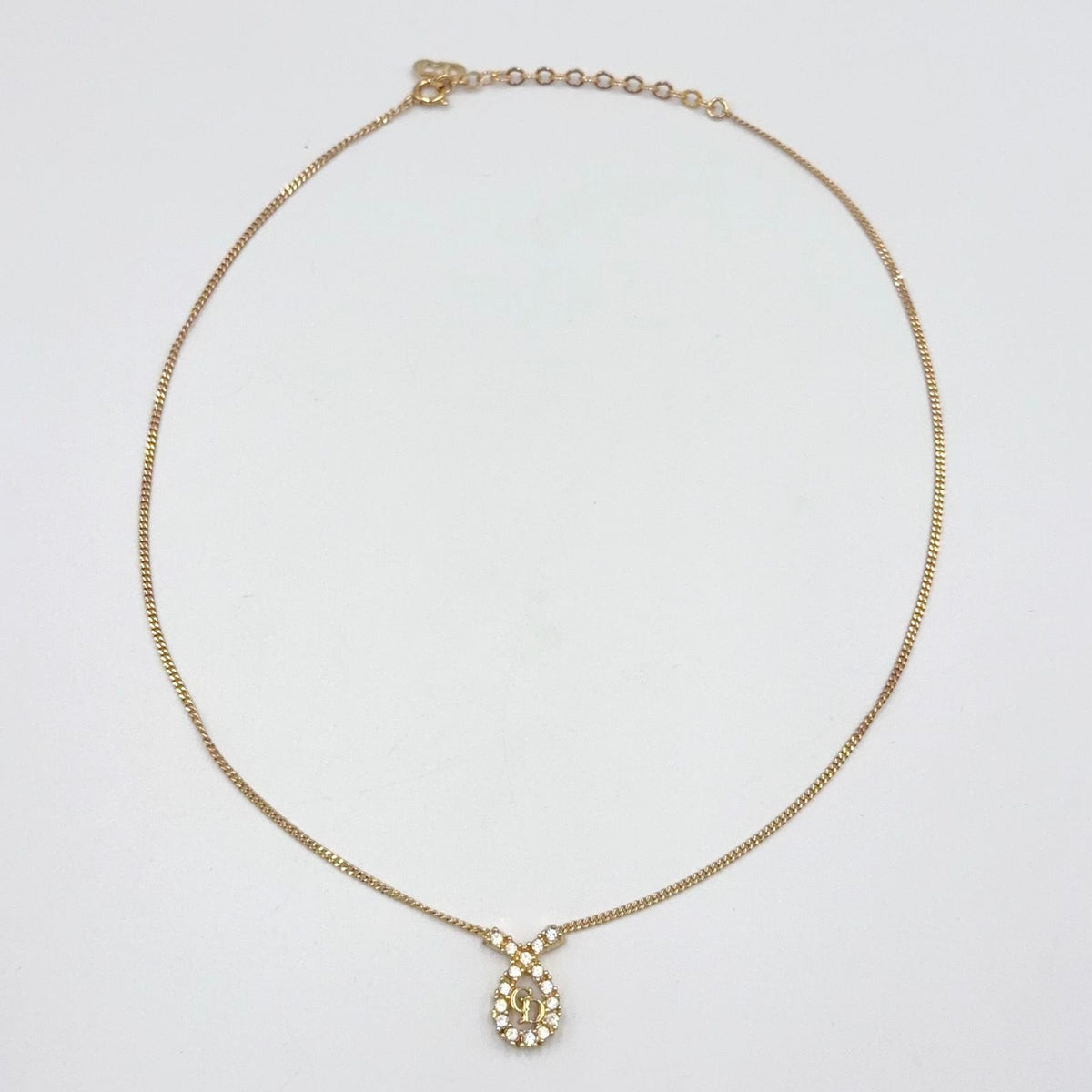 Dior CD Logo Ribbon Motif Rhinestone Color Stone Gold White Necklace — view 3