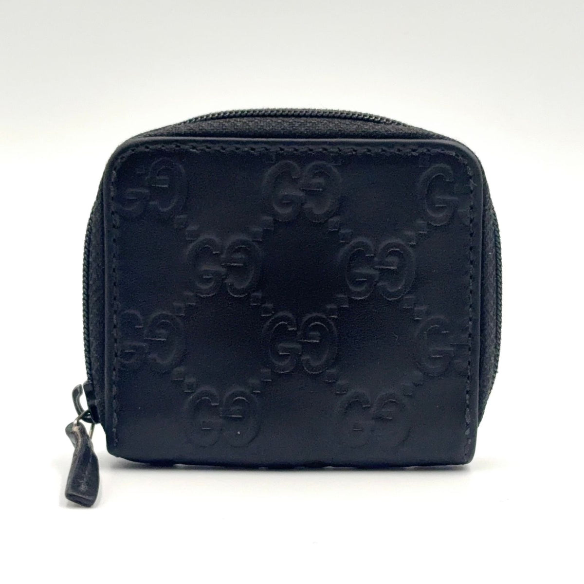 Gucci GG Pattern Coin Purse Leather Black Wallet Silver