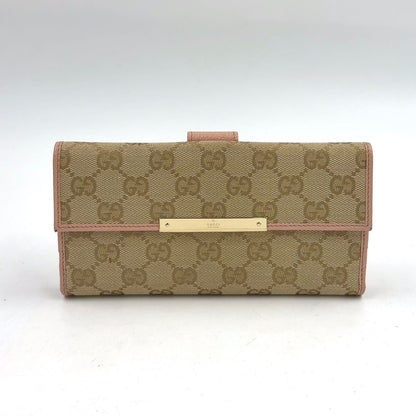 Gucci GG Canvas Snap Leather Beige Light Pink Wallet Gold