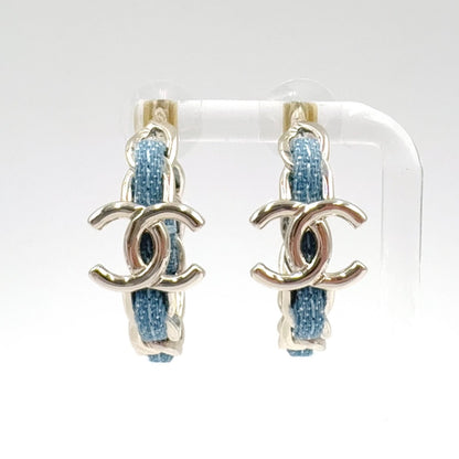 Chanel CC Logo Hoop Metal Denim Silver Blue Earrings