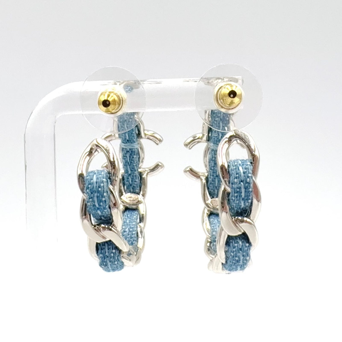 Chanel CC Logo Hoop Metal Denim Silver Blue Earrings — view 3