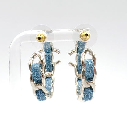 Chanel CC Logo Hoop Metal Denim Silver Blue Earrings — view 3