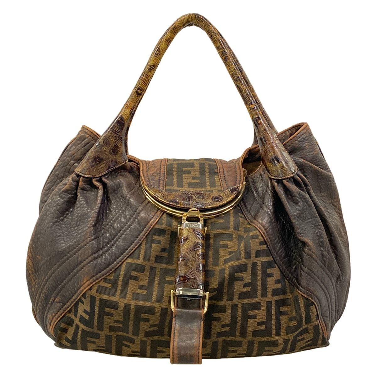 Fendi Handbag Spy Bag Brown Dark Embossed Leather