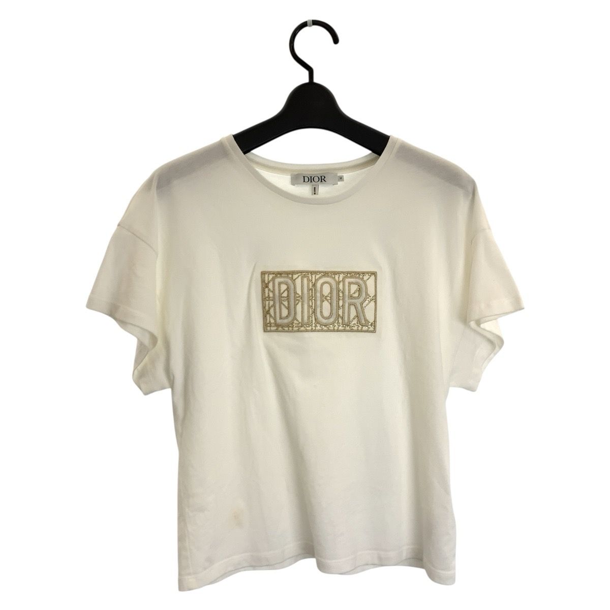 Dior Cannage Embroidery White Gold Cotton Short Sleeve T-Shirt Crew