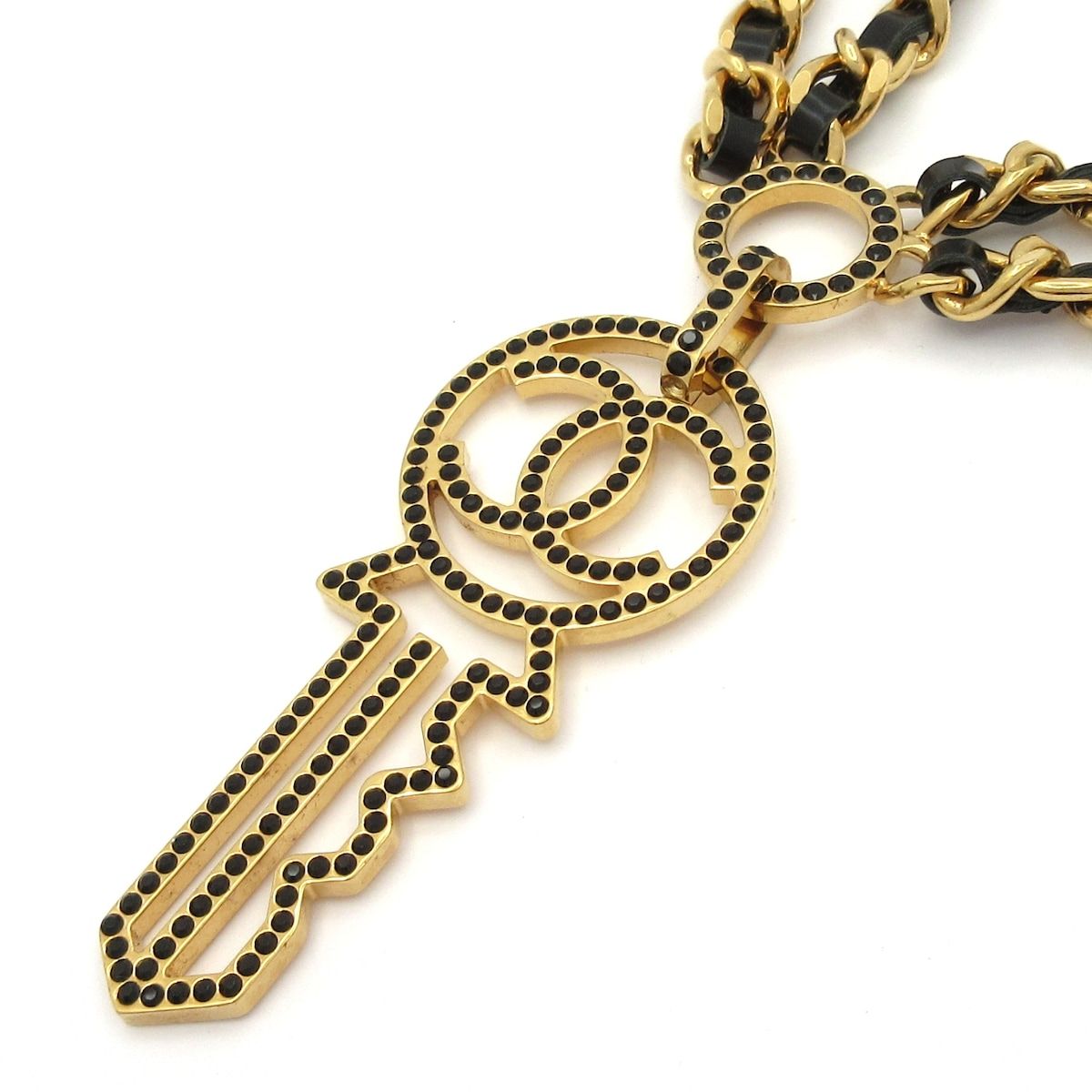 Chanel Necklace CC Logo Leather Gold Black Key