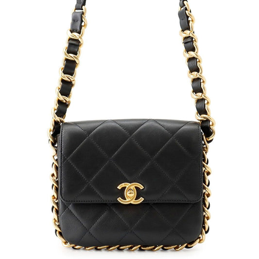 Chanel Chain Shoulder Bag Quilted Small CC Logo Lambskin Black