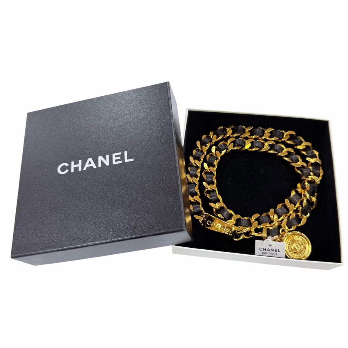 Chanel Vintage Metal Logo CC Coin Leather Chain Belt Gold Black — view 2