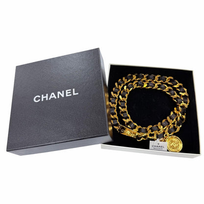 Chanel Vintage Metal Logo CC Coin Leather Chain Belt Gold Black — view 2
