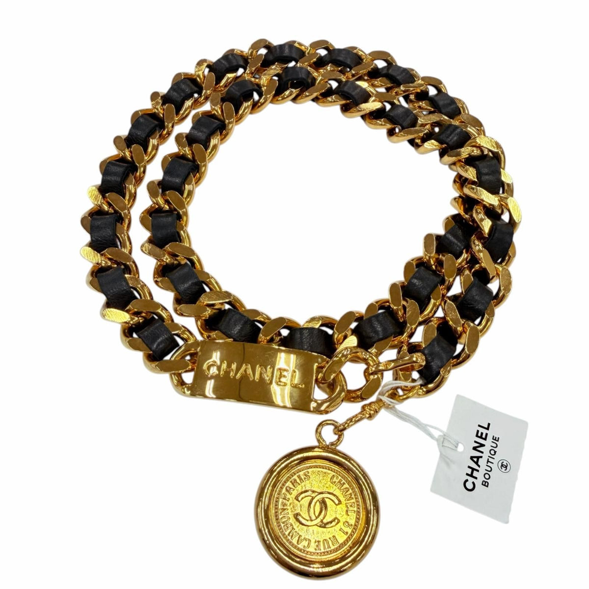 Chanel Vintage Metal Logo CC Coin Leather Chain Belt Gold Black