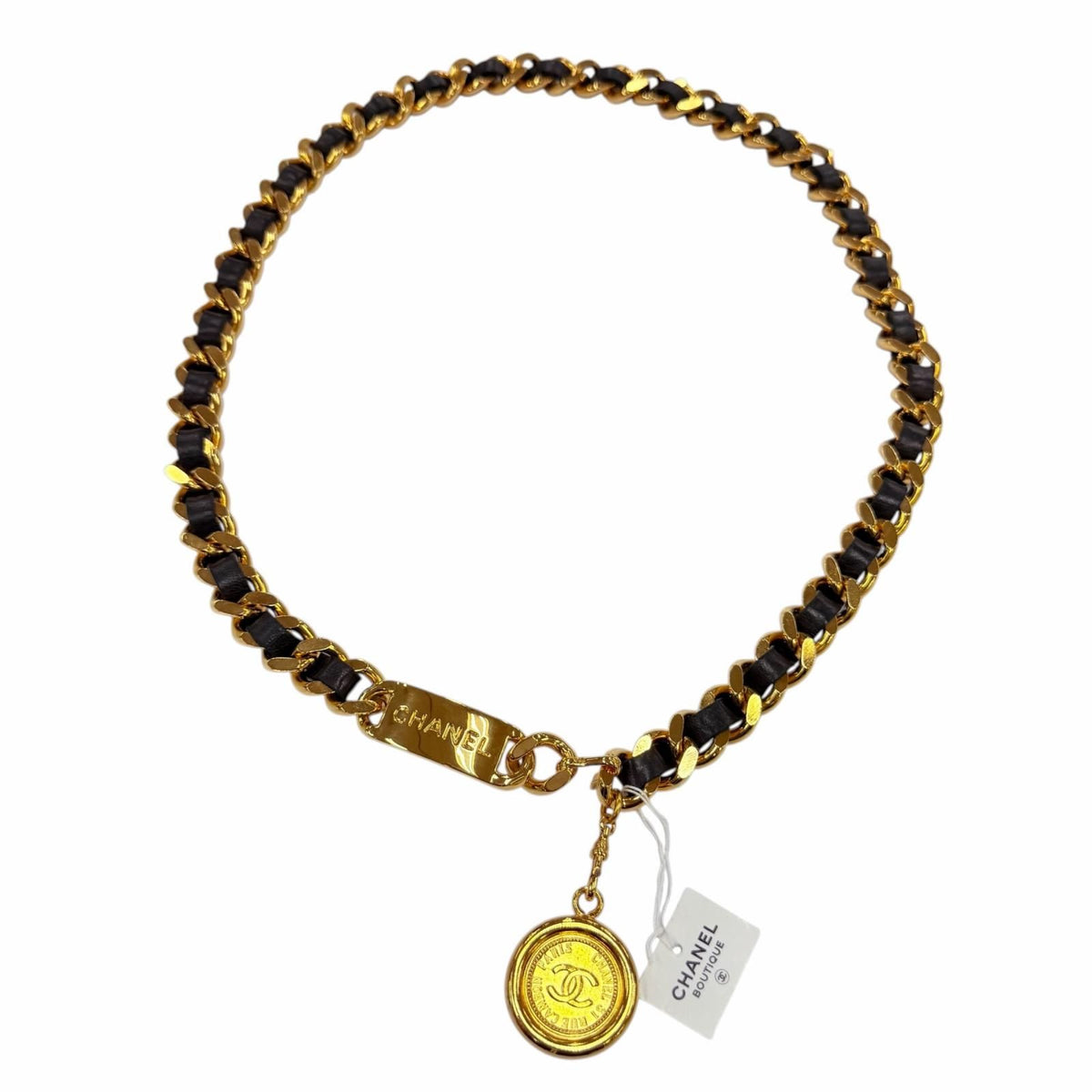 Chanel Vintage Metal Logo CC Coin Leather Chain Belt Gold Black — view 4