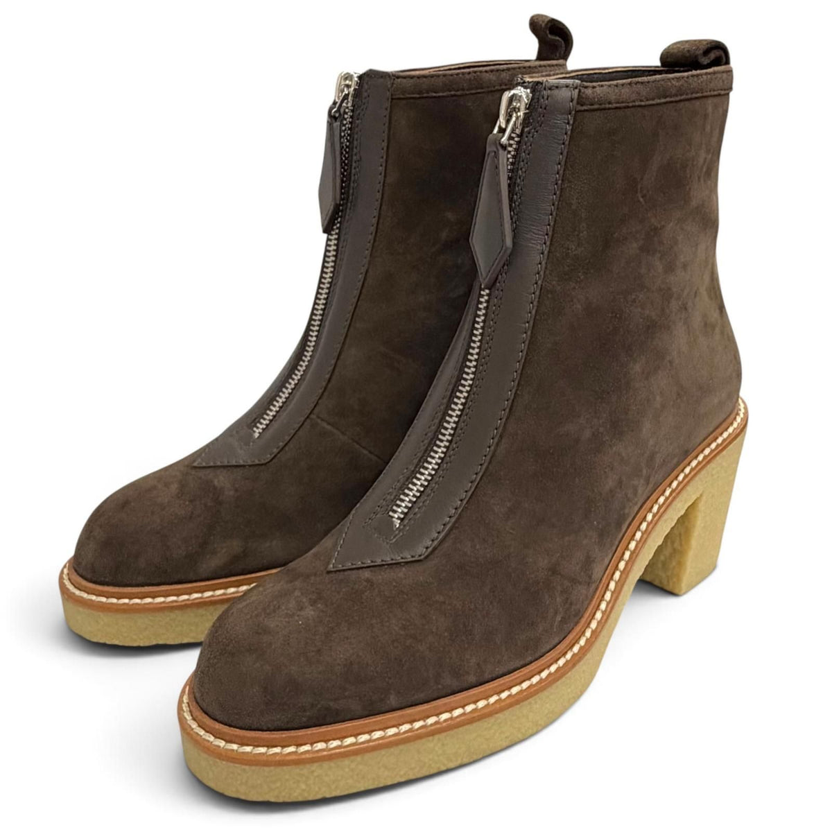 Hermes Single 55 Suede Leather Center Zip Ankle Boots Short Dark Brown