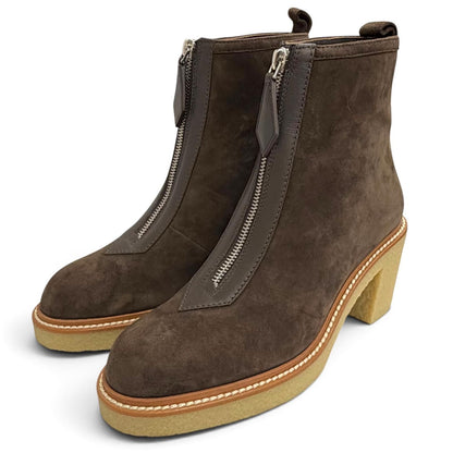 Hermes Single 55 Suede Leather Center Zip Ankle Boots Short Dark Brown