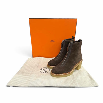 Hermes Single 55 Suede Leather Center Zip Ankle Boots Short Dark Brown — view 2