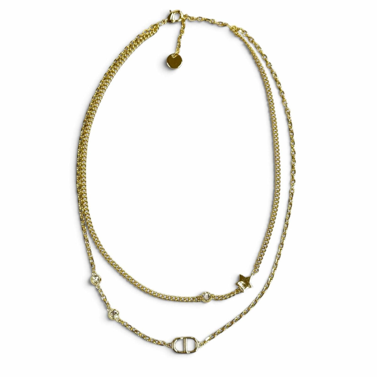 Dior Petit CD Double Necklace Rhinestone Star Charm Pendant Gold — view 3