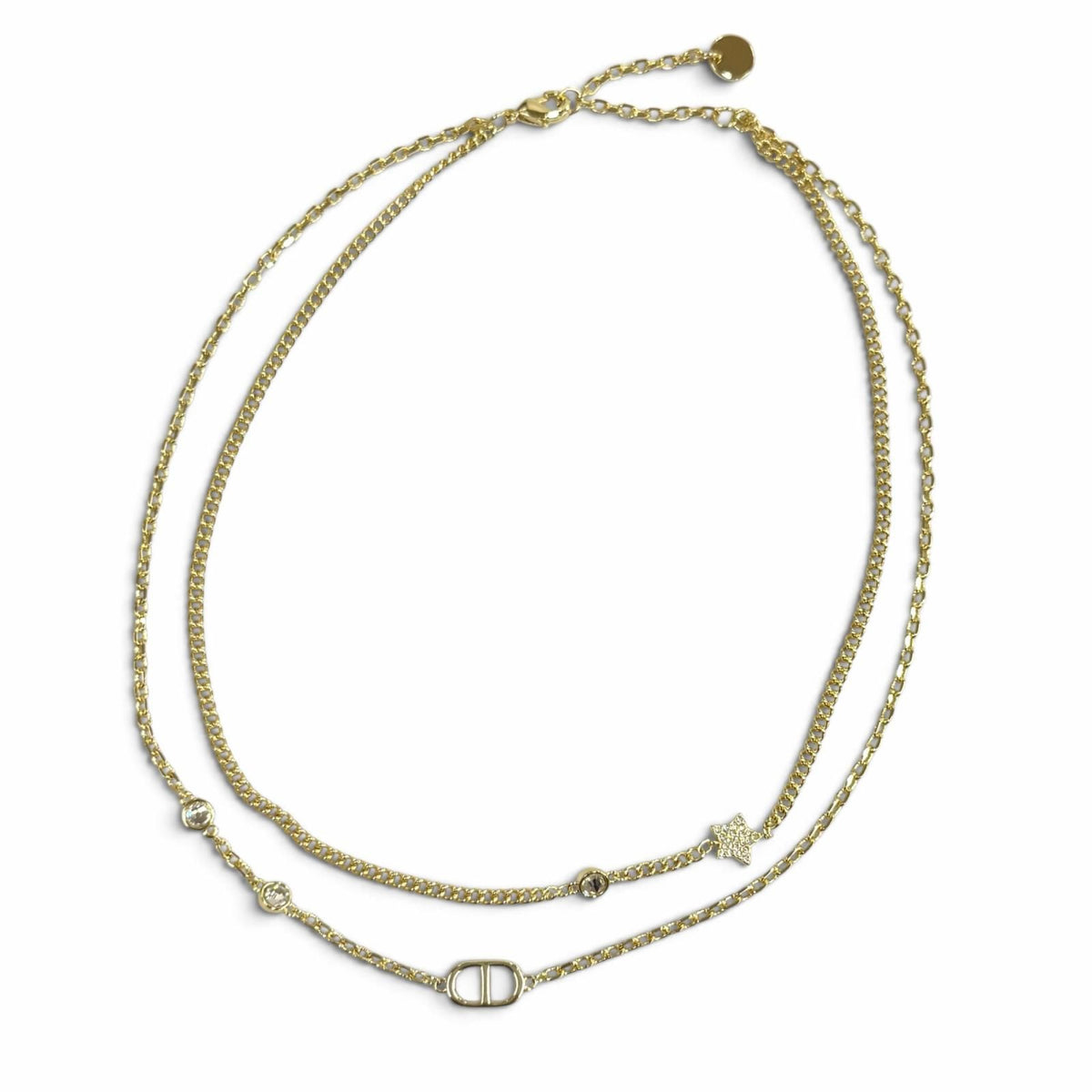 Dior Petit CD Double Necklace Rhinestone Star Charm Pendant Gold