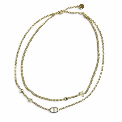 Dior Petit CD Double Necklace Rhinestone Star Charm Pendant Gold