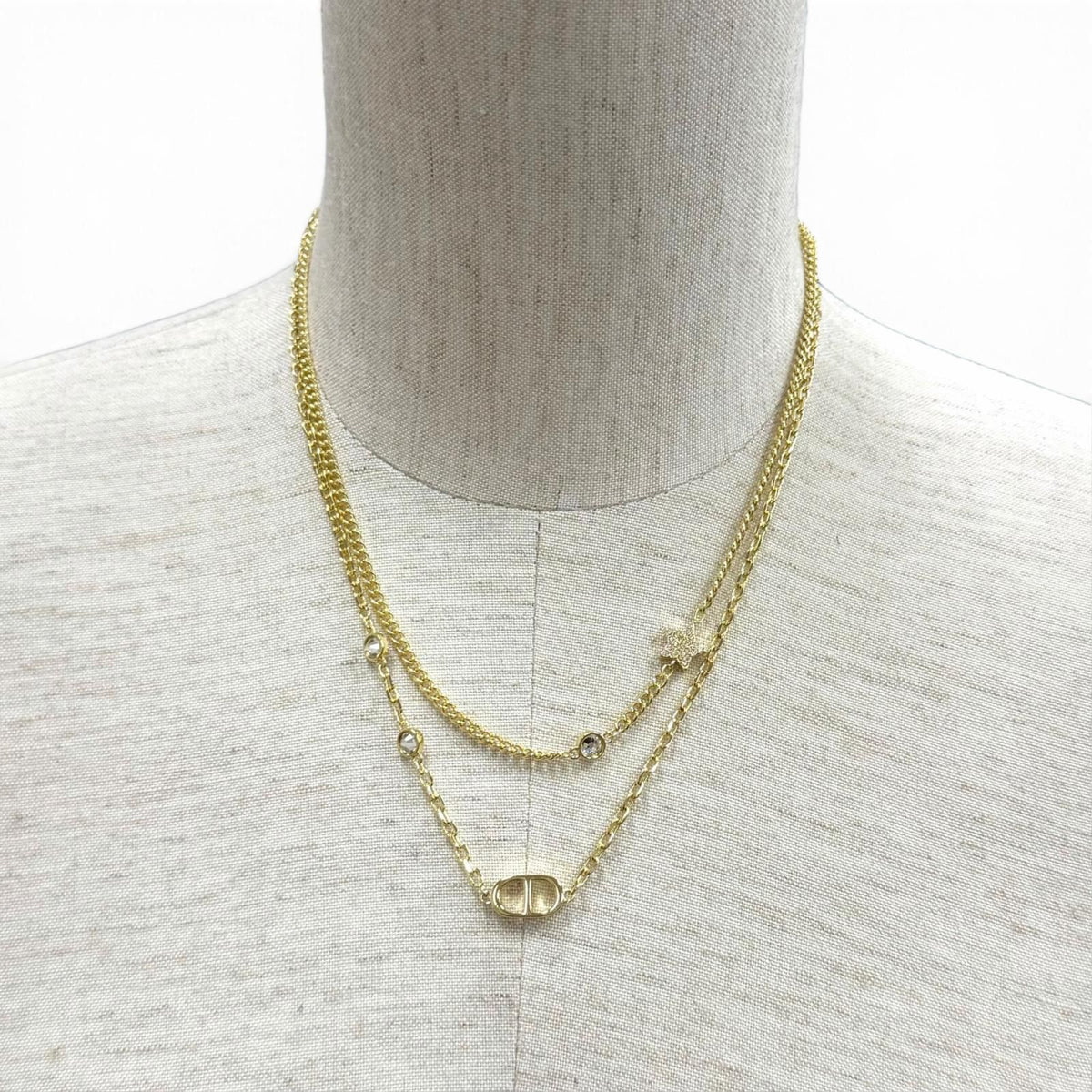 Dior Petit CD Double Necklace Rhinestone Star Charm Pendant Gold — view 2