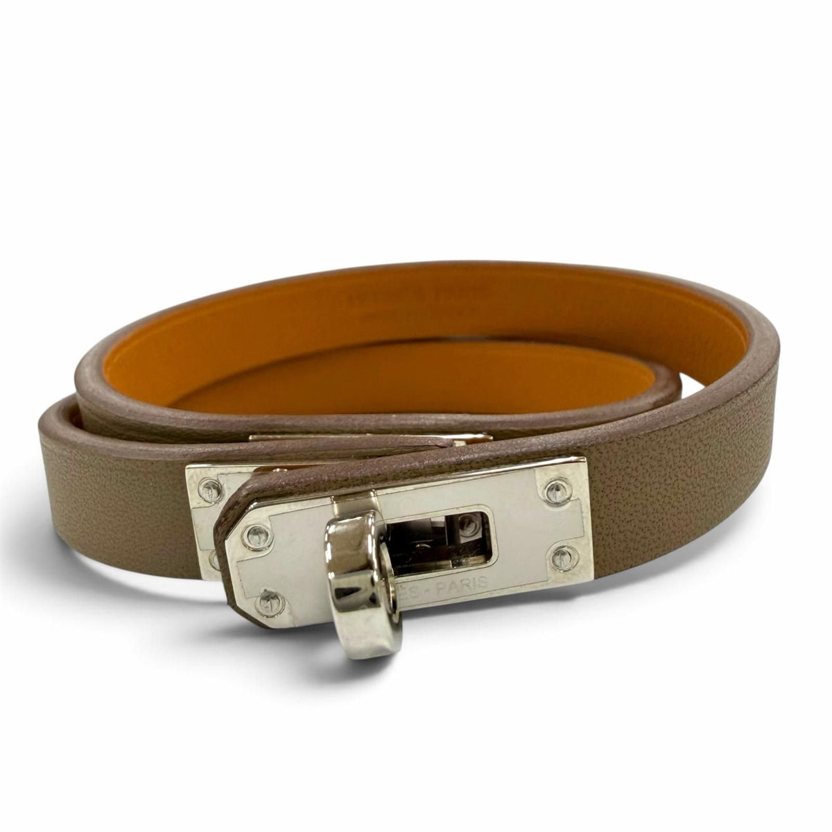 Hermes Mini Kelly Double Tour Bracelet Swift Etoupe Silver T2 French