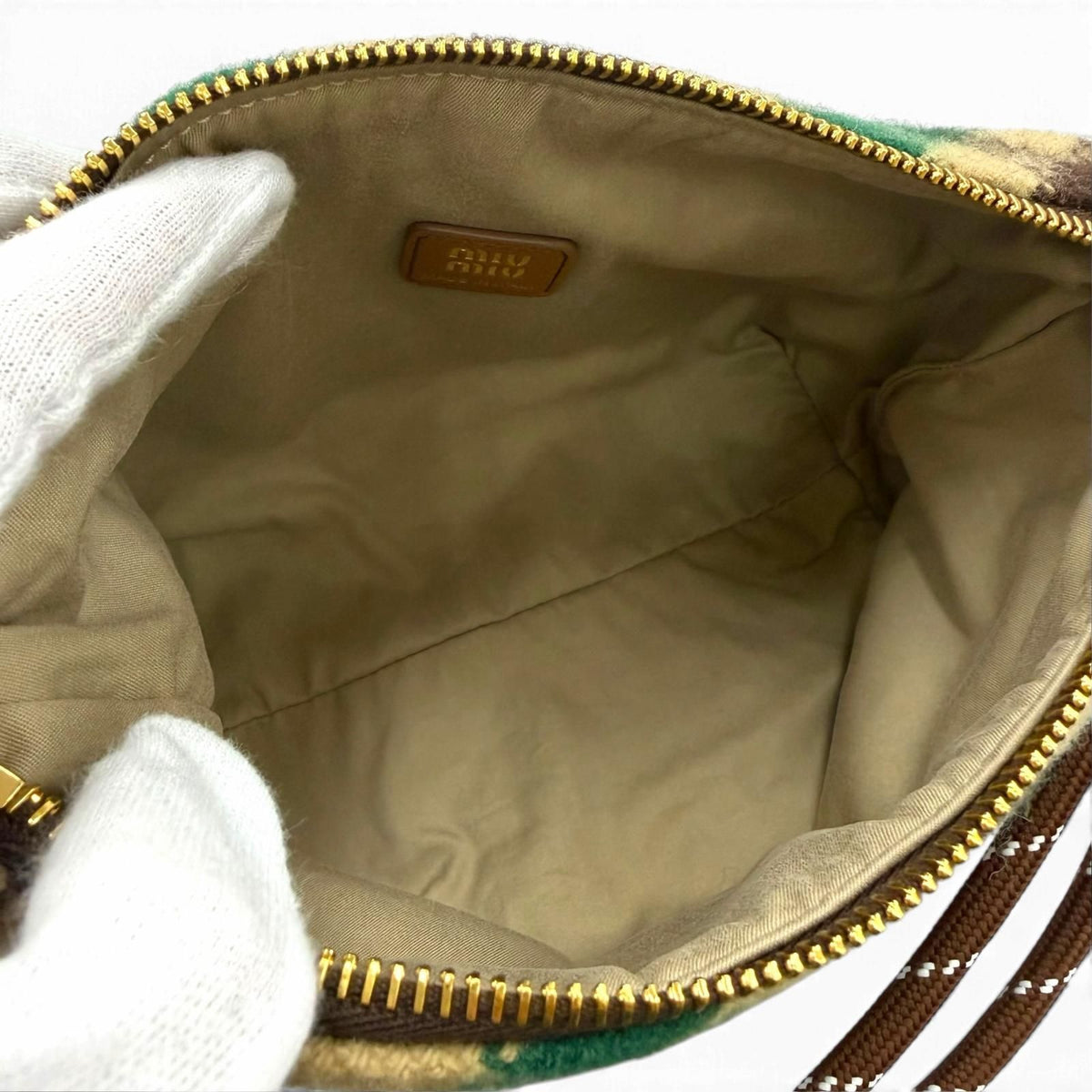 Miu Miu Spirit Gabardine Pouch Wool Cotton Check Handbag Green Brown — view 6