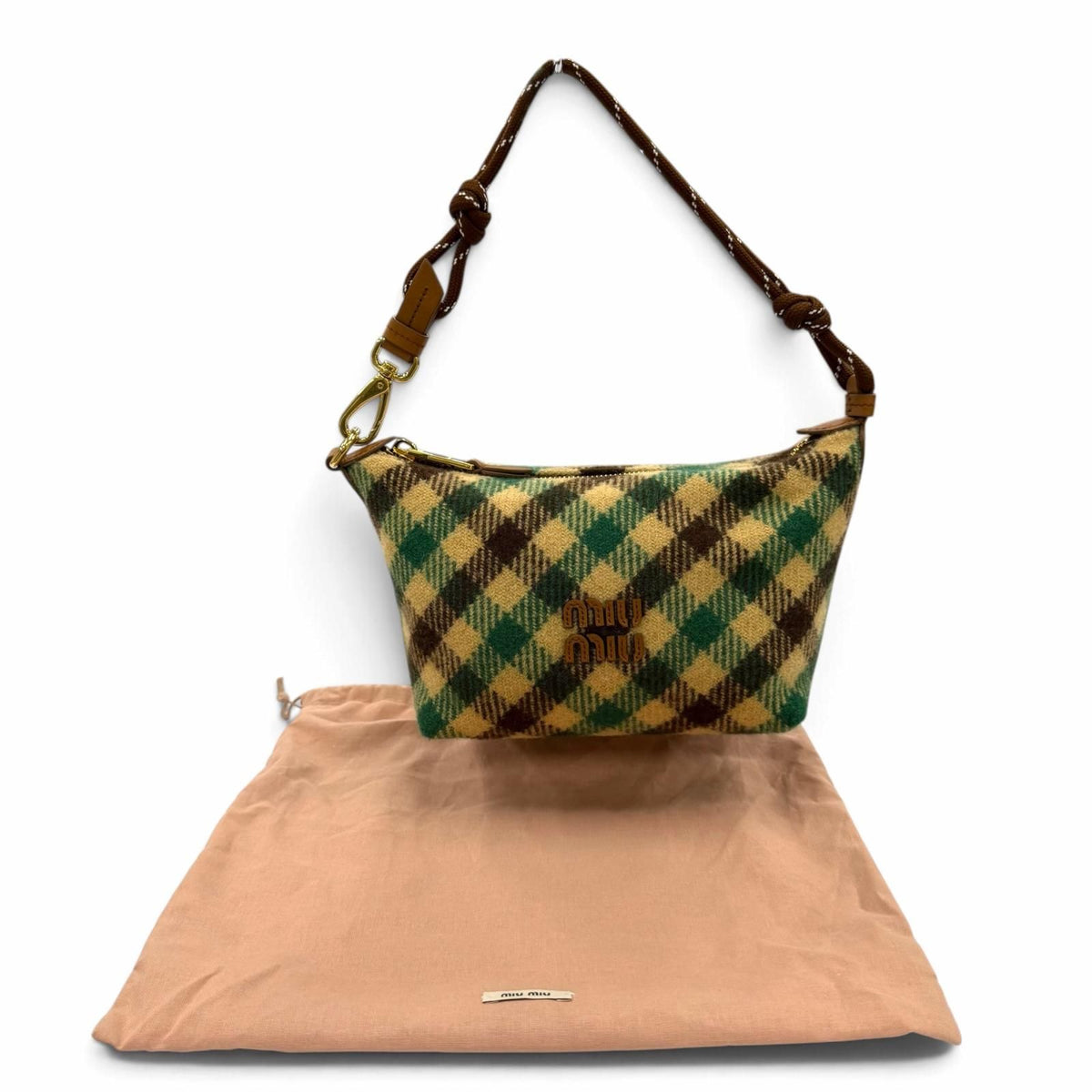 Miu Miu Spirit Gabardine Pouch Wool Cotton Check Handbag Green Brown — view 2