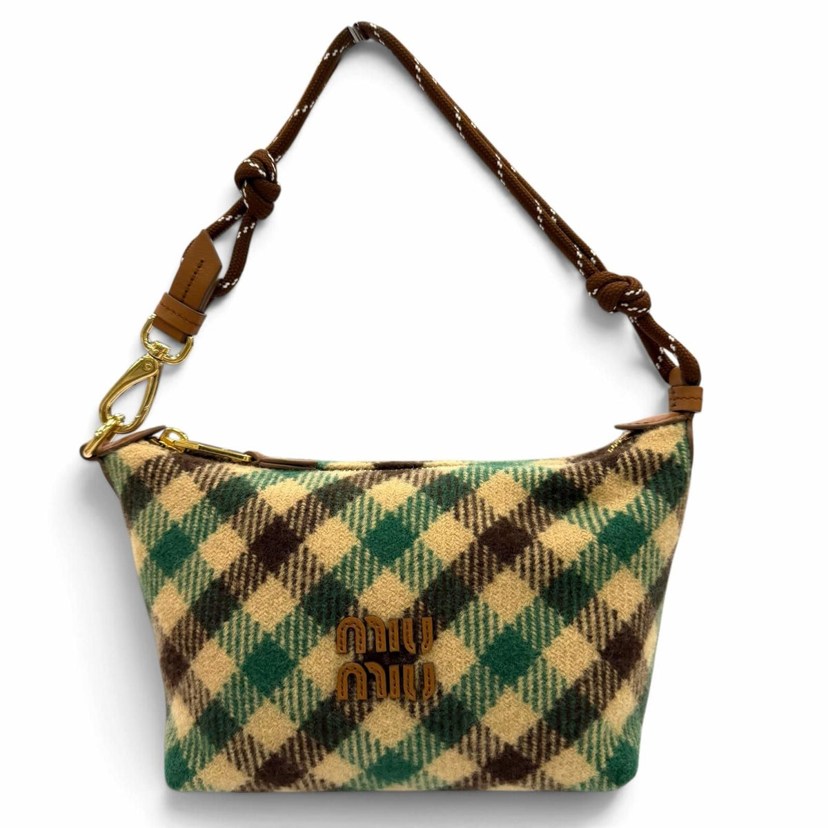 Miu Miu Spirit Gabardine Pouch Wool Cotton Check Handbag Green Brown