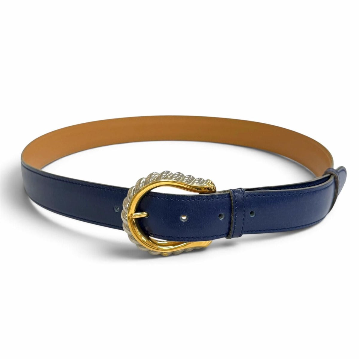 Hermes Vintage Silver Gold Leather Belt Navy Blue 75 — view 2