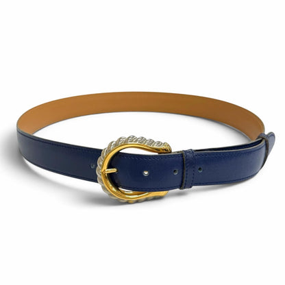 Hermes Vintage Silver Gold Leather Belt Navy Blue 75 — view 2