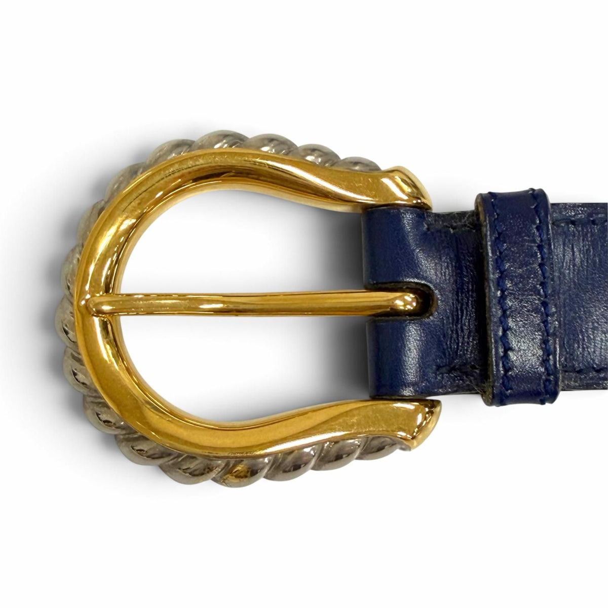 Hermes Vintage Silver Gold Leather Belt Navy Blue 75 — view 6