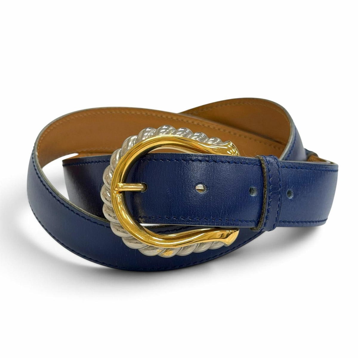 Hermes Vintage Silver Gold Leather Belt Navy Blue 75