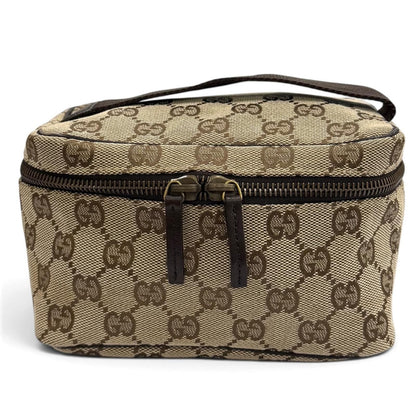 Gucci Vintage GG Canvas Leather Vanity Makeup Pouch Beige Brown