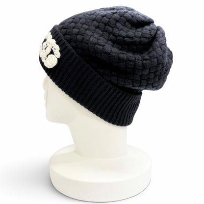 Chanel Cashmere 100% Lace CC Logo Camellia Knit Cap Navy Dark White Hat — view 2