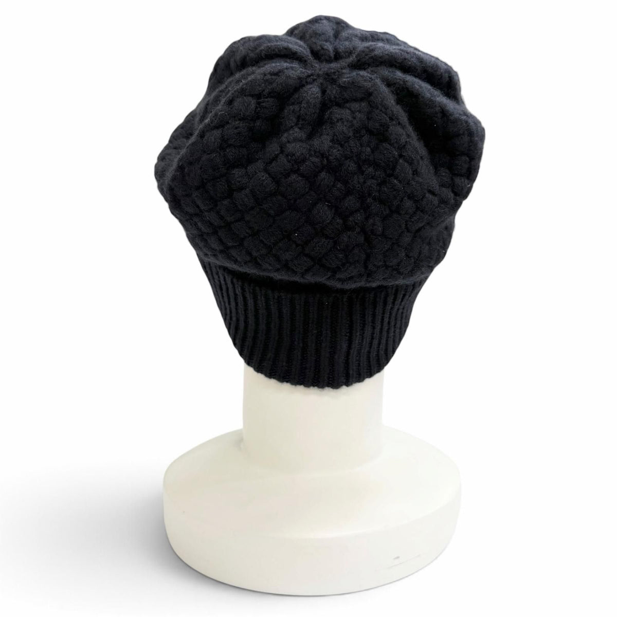 Chanel Cashmere 100% Lace CC Logo Camellia Knit Cap Navy Dark White Hat — view 4