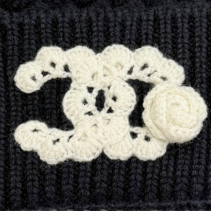 Chanel Cashmere 100% Lace CC Logo Camellia Knit Cap Navy Dark White Hat — view 6