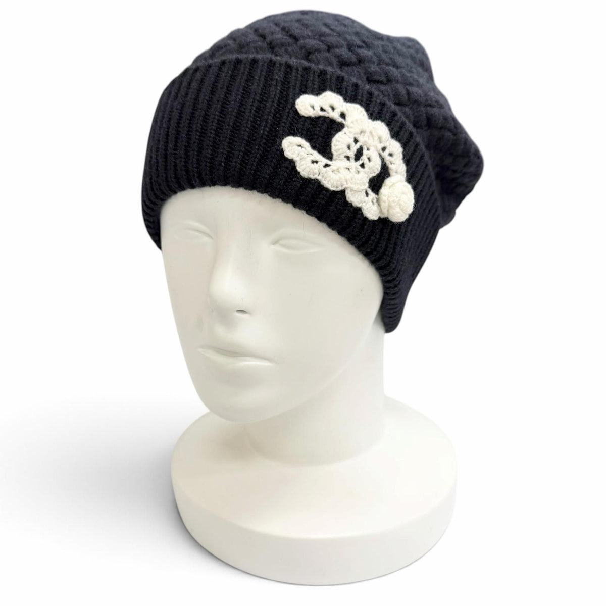 Chanel Cashmere 100% Lace CC Logo Camellia Knit Cap Navy Dark White Hat