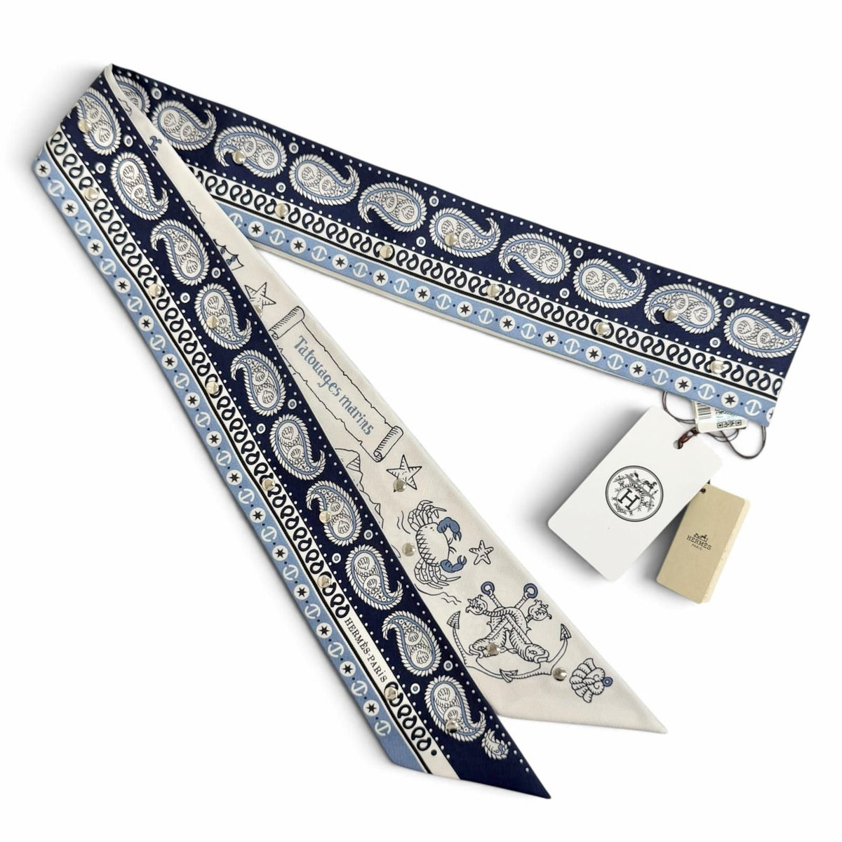 Hermes Ribbon Sailor Tattoo Bandana Silk Blue Marine Scarf