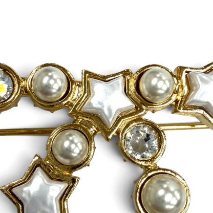 Chanel CC Logo Rhinestone Eco Pearl Star Brooch White Gold — view 6