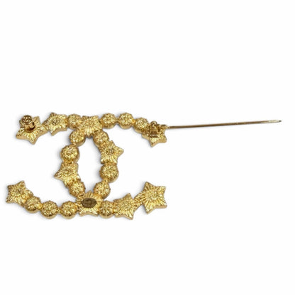 Chanel CC Logo Rhinestone Eco Pearl Star Brooch White Gold — view 5