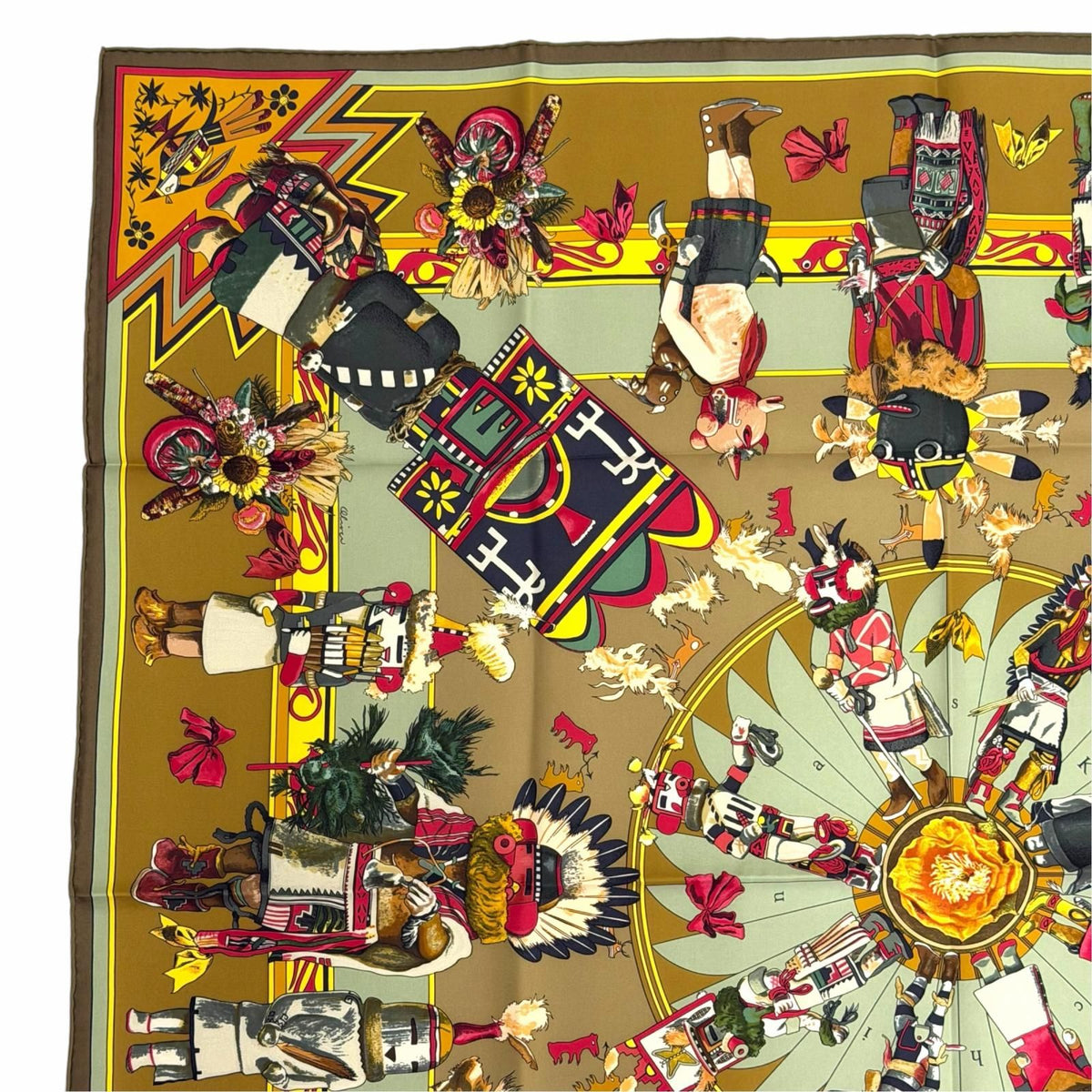 Hermes Kachinas Ethnicity Carre 90 Silk 100% Scarf Brown Khaki — view 3