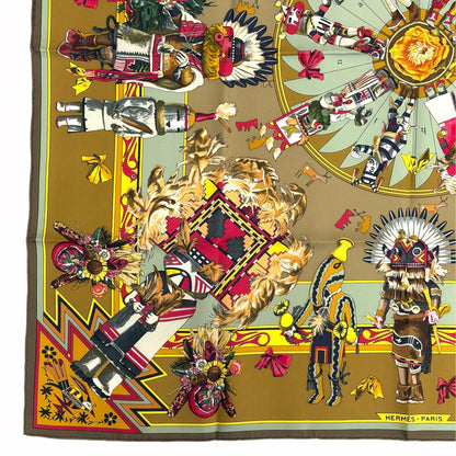 Hermes Kachinas Ethnicity Carre 90 Silk 100% Scarf Brown Khaki — view 6