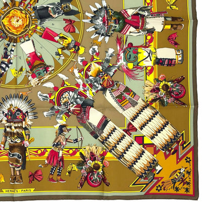 Hermes Kachinas Ethnicity Carre 90 Silk 100% Scarf Brown Khaki — view 5