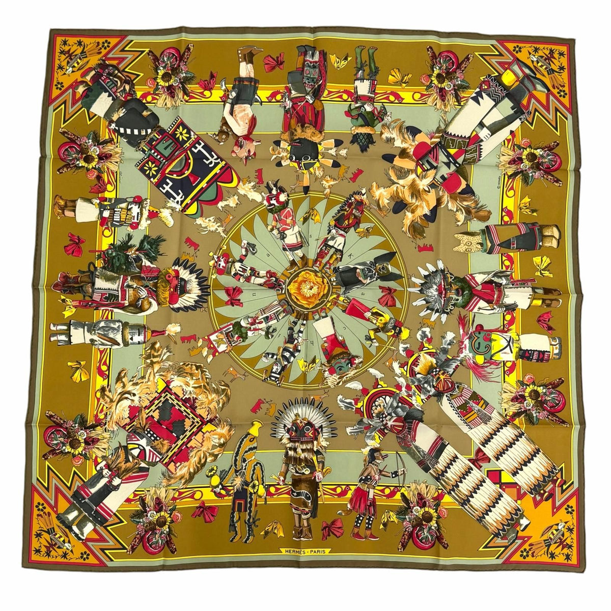 Hermes Kachinas Ethnicity Carre 90 Silk 100% Scarf Brown Khaki