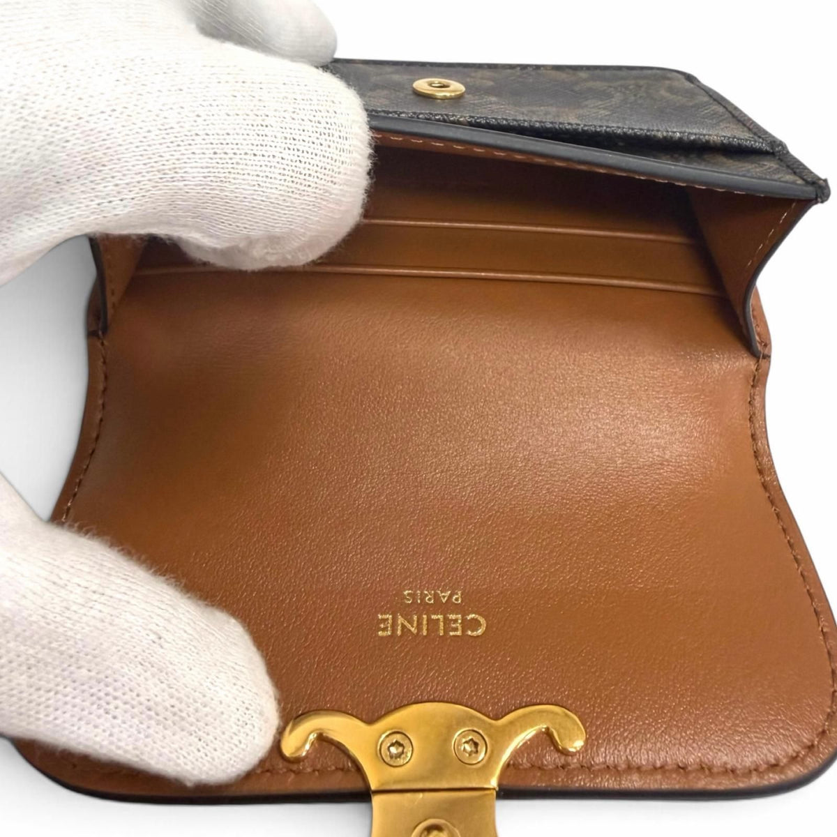 Celine Leather Triomphe Card Case Business Tan Gold — view 6