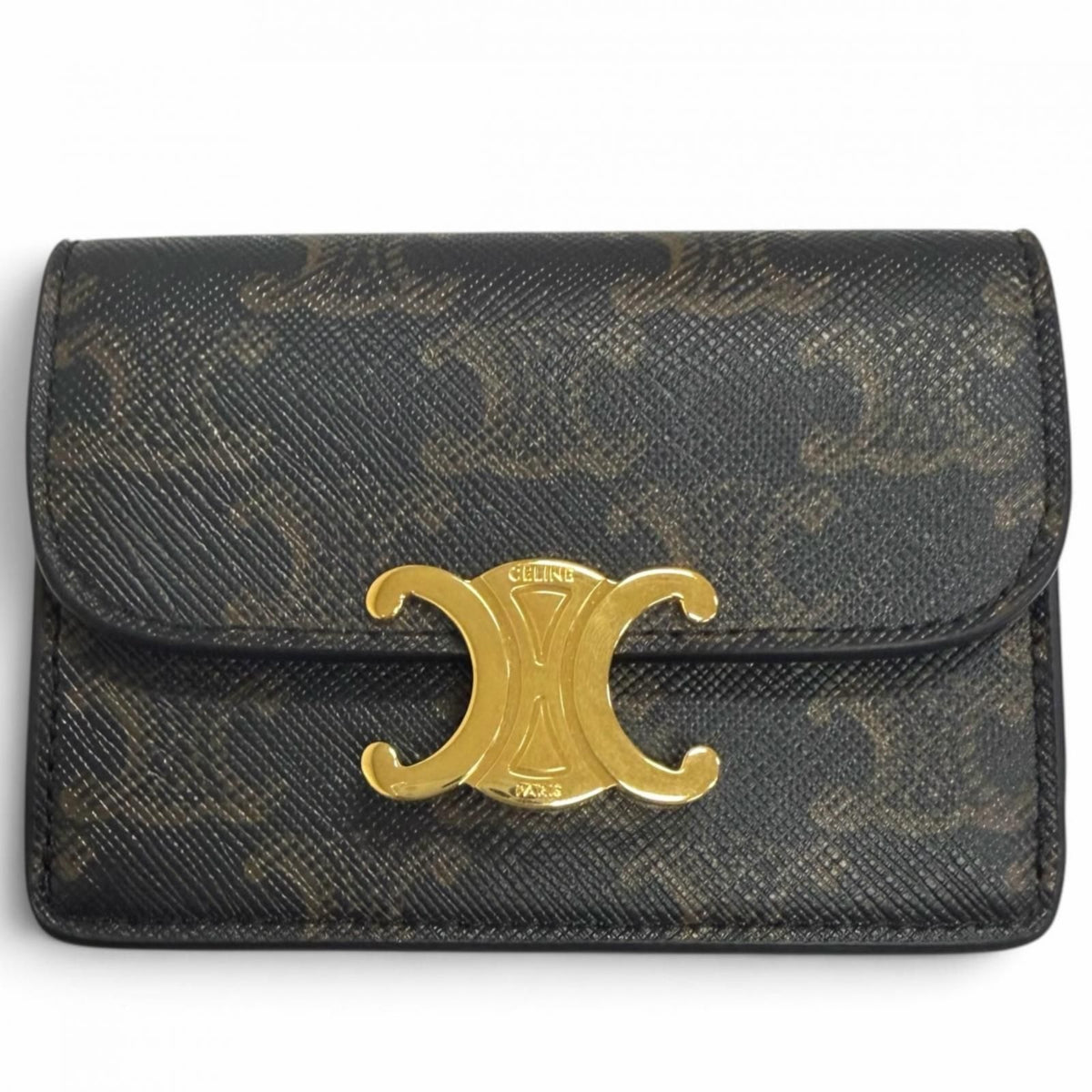 Celine Leather Triomphe Card Case Business Tan Gold