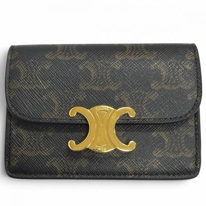 Celine Leather Triomphe Card Case Business Tan Gold