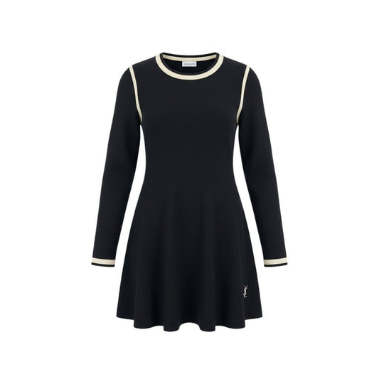 Saint Laurent Crew Neck Knit Sweater Logo Embroidery Tunic Length Slit Black M
