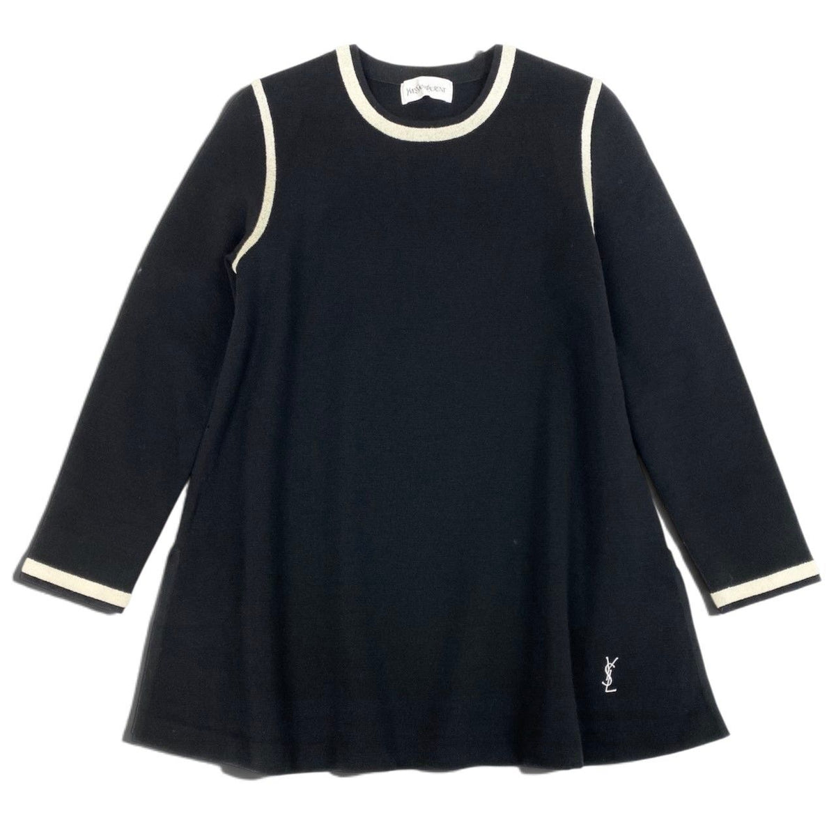 Saint Laurent Crew Neck Knit Sweater Logo Embroidery Tunic Length Slit Black M — view 2