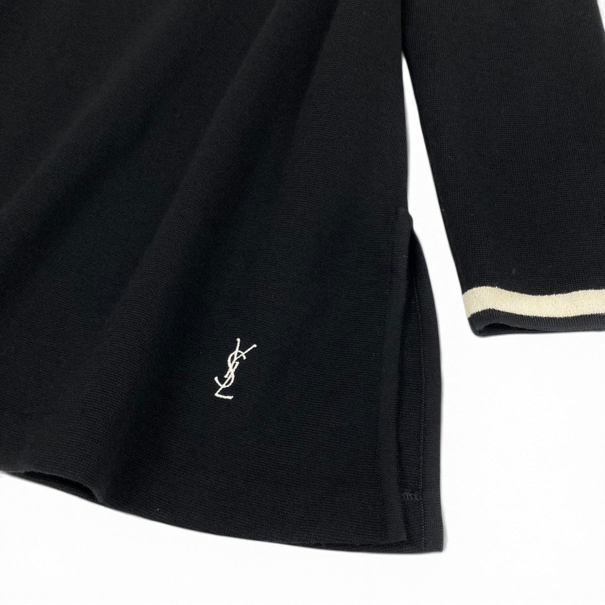 Saint Laurent Crew Neck Knit Sweater Logo Embroidery Tunic Length Slit Black M — view 5